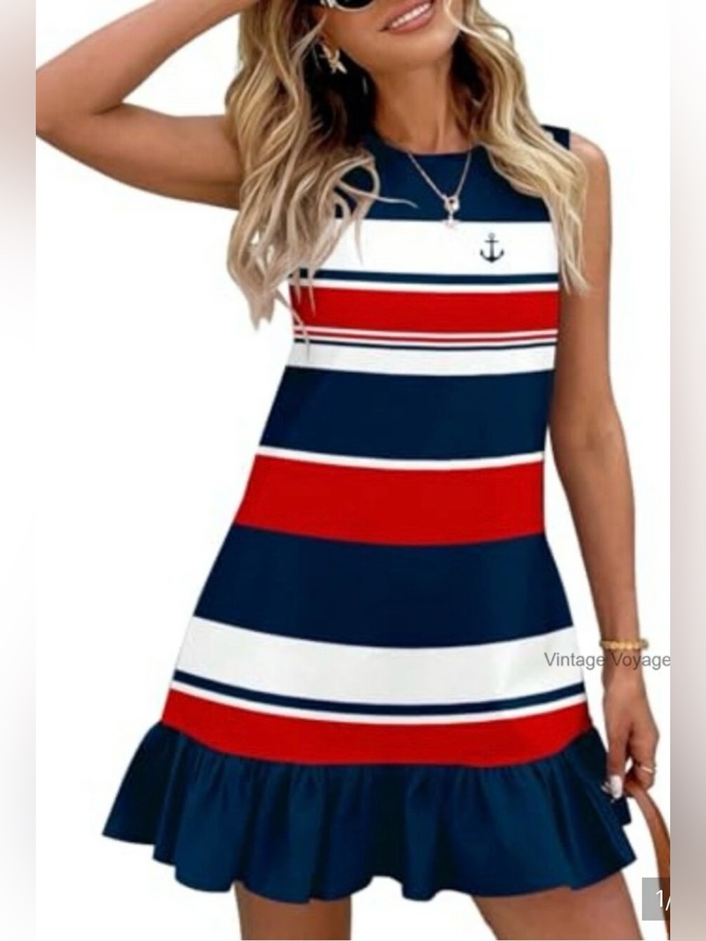 Nautical Stripe Sleeveless Ruffle Hem Dress - Navy/Red/White